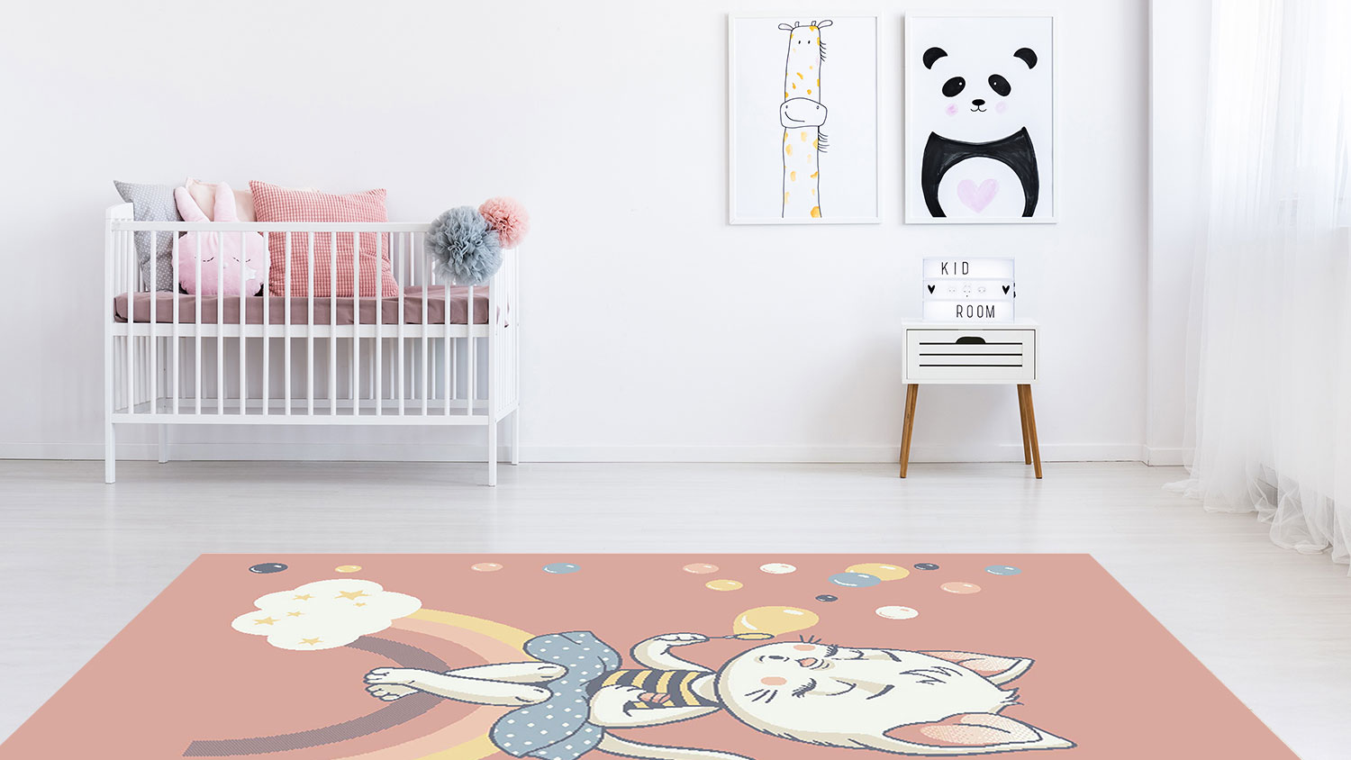 Детский ковер Tarkett Sunny Kids 06RWR с рисунком кошечки в интерьере светлой детской комнаты