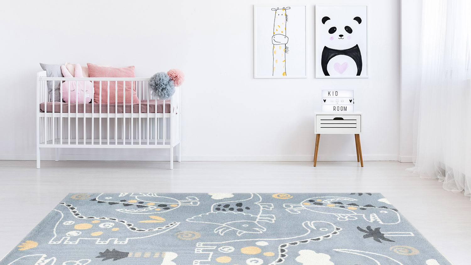 Детский ковер Tarkett Sunny Kids 13KWK с динозаврами в интерьере детской комнаты