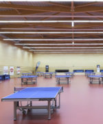 Спортивное покрытие Tarkett Omnisports Speed Table Tennis красного цвета в интерьере зала, вертикальный ракурс