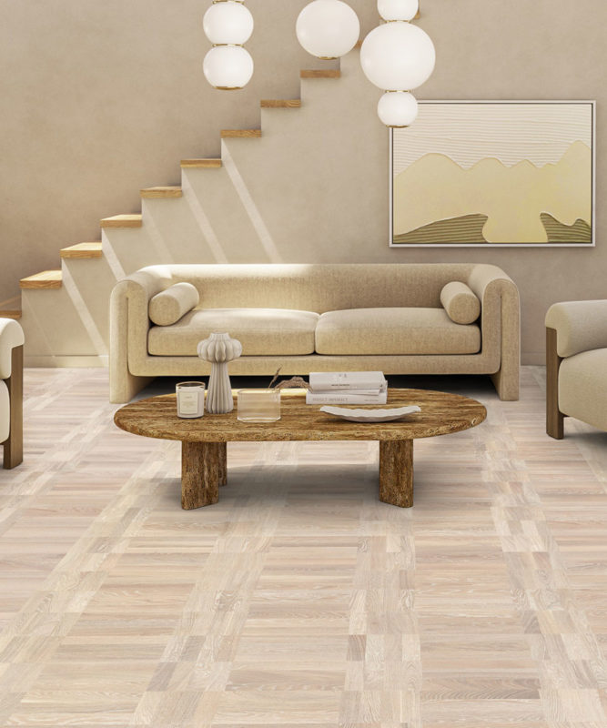 Блочный модульный паркет Tarkett Noble Oak Art Deco в интерьере дизайнерской гостиной.