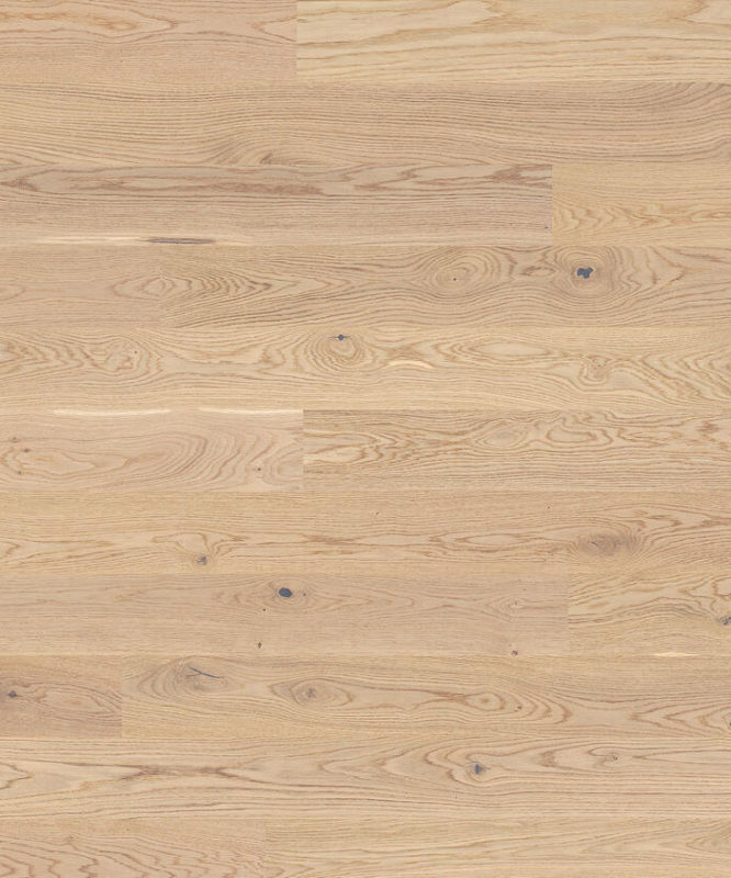 Крупный план раскладки панелей трехполосной паркетной доски Tarkett Tango Art Oak Cream White.