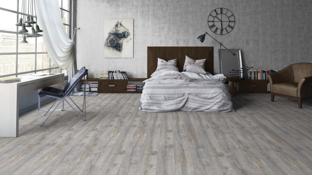 Влагостойкий светло-серый ламинат Tarkett Estetica Oak Effect Light Grey в дизайне спальни лофт