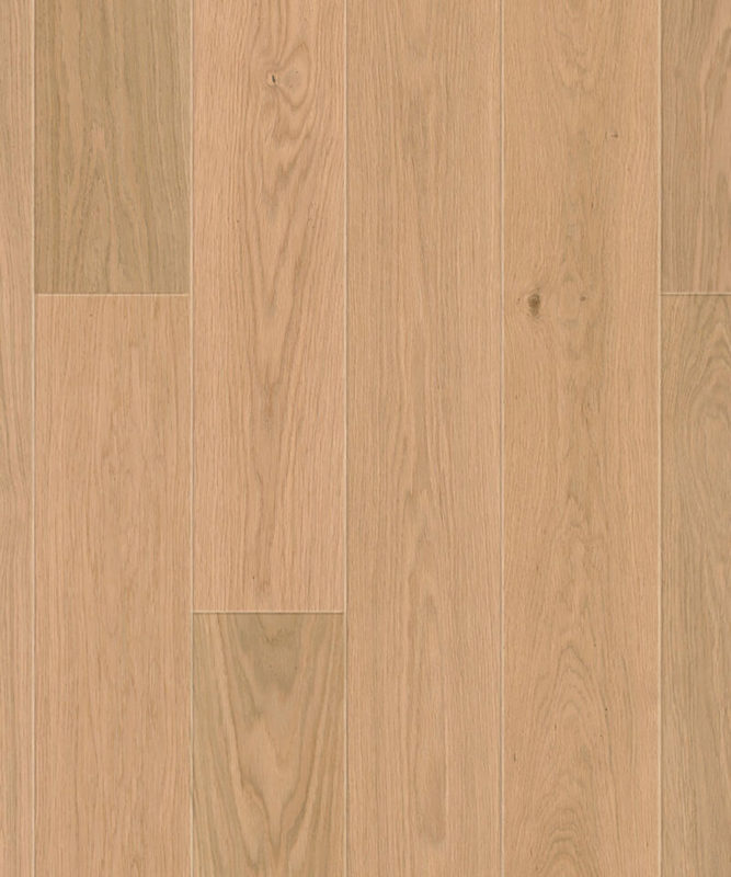 Паркетная доска Tarkett Oak Essence однополосная, крупный план текстуры светлого натурального дуба с тонкими продольными волокнами.