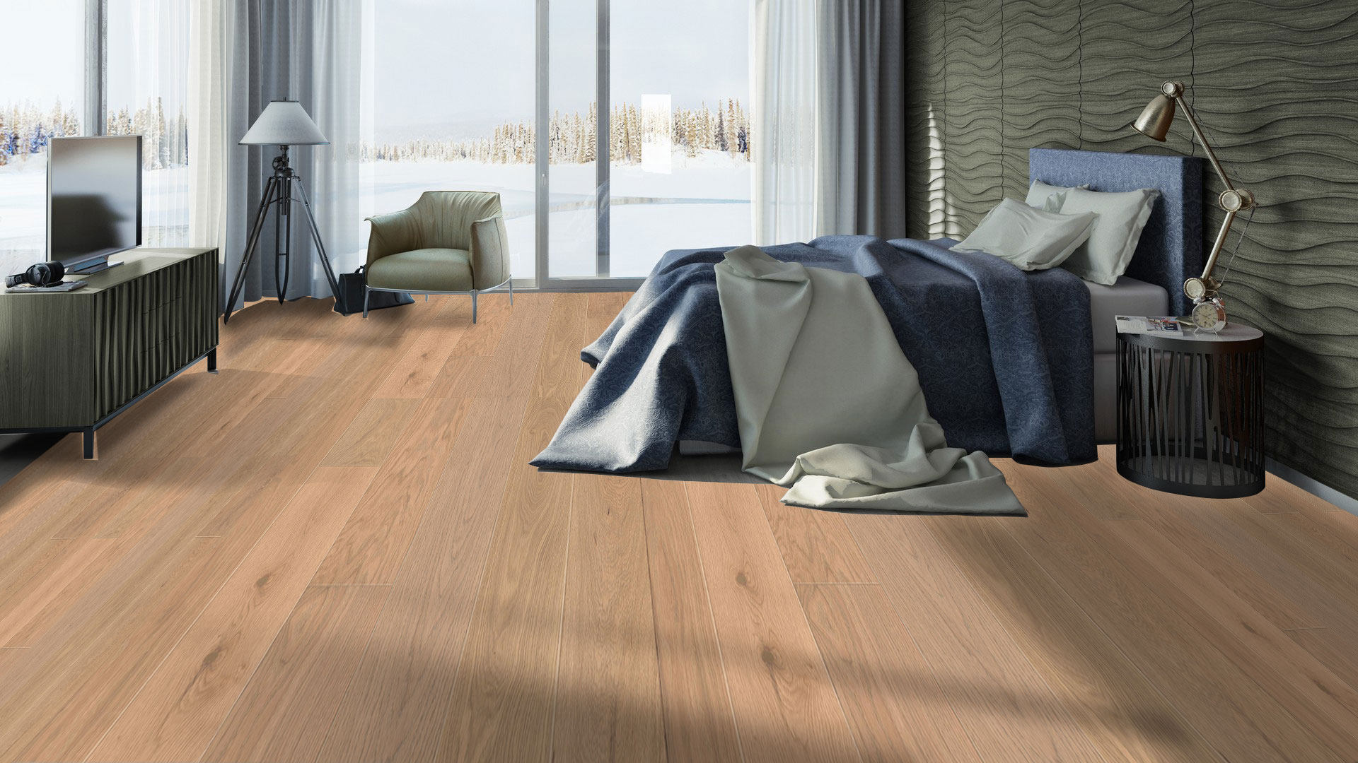 Паркетная доска Tarkett Oak Misty Brown однополосная в интерьере уютной спальни с застеленной синей кроватью и креслом у панорамного окна.