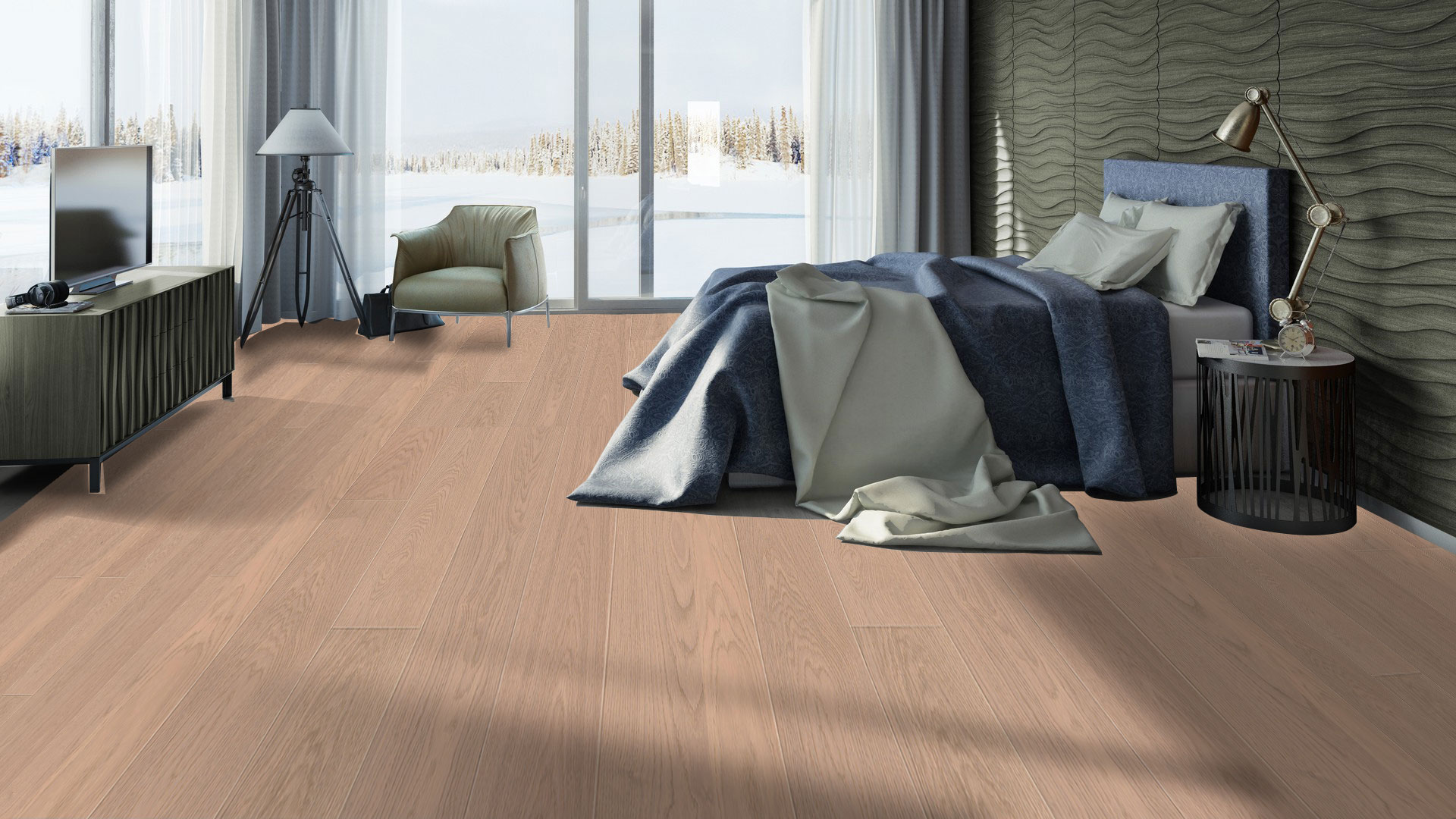 Паркетная доска Tarkett Oak Misty Grey однополосная в светлом интерьере спальни с застеленной синей кроватью и креслом у панорамного окна.