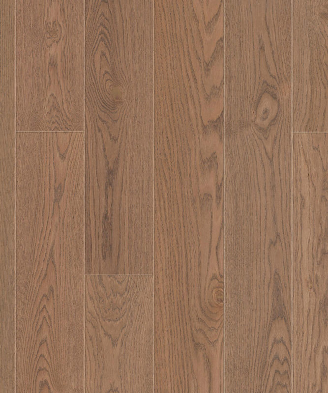 Паркетная доска Tarkett Oak Soft Brown однополосная, крупный план текстуры дуба в насыщенном коричневом цвете с рельефным рисунком волокон.