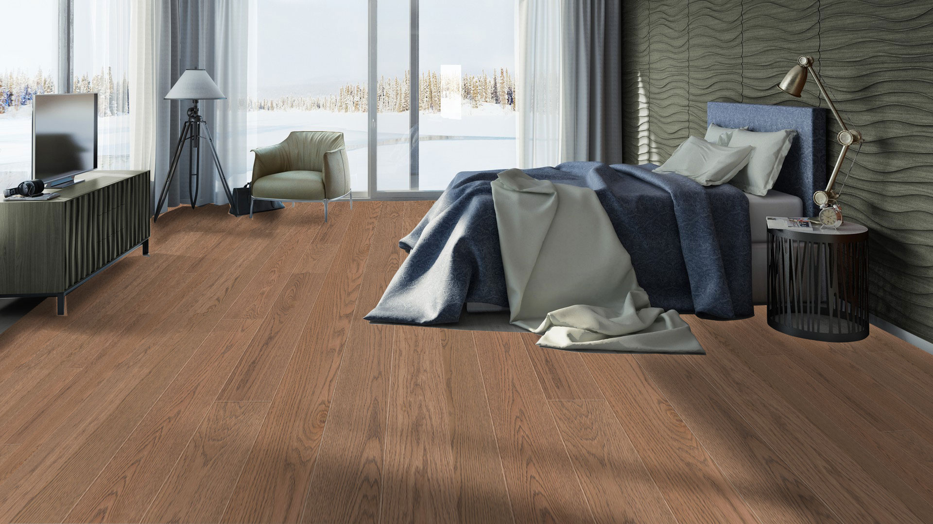 Паркетная доска Tarkett Oak Soft Brown однополосная в интерьере спальни с синей кроватью, креслом у панорамного окна и тумбой с настольной лампой.