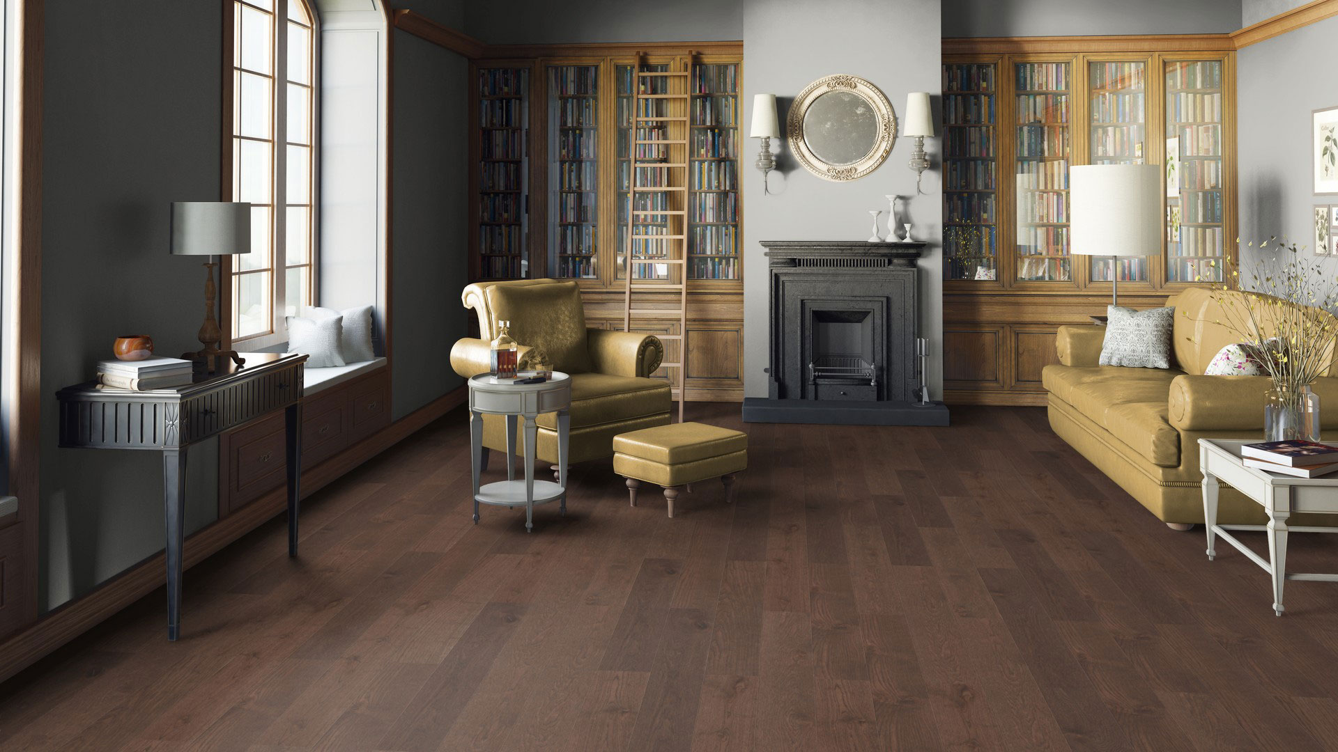Паркетная доска Tarkett Bolero Plank Oak Porto однополосная темная в классическом интерьере домашней библиотеки с камином и кожаными диванами.