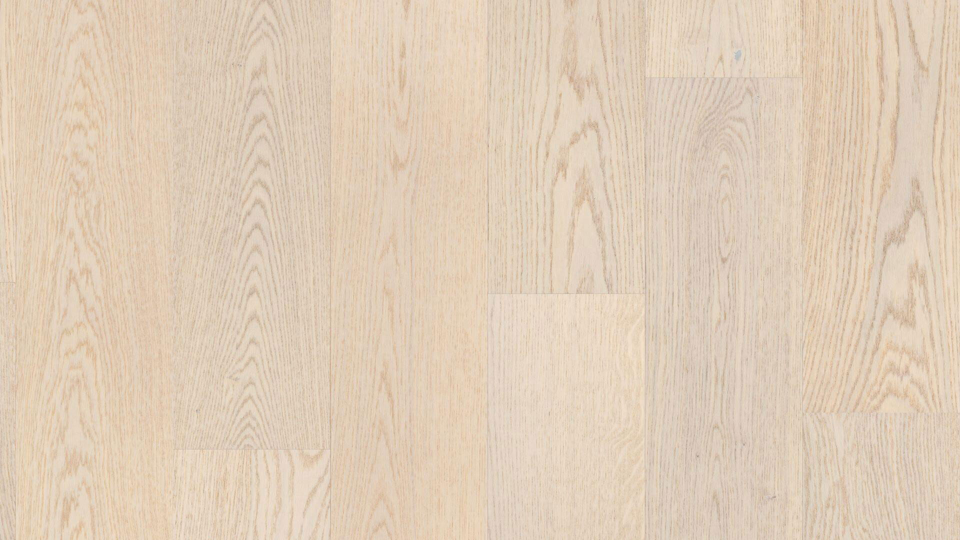 Паркетная доска Tarkett Bolero Plank Oak Risling однополосная, крупный план текстуры светлого беленого дуба с изящным природным узором волокон.