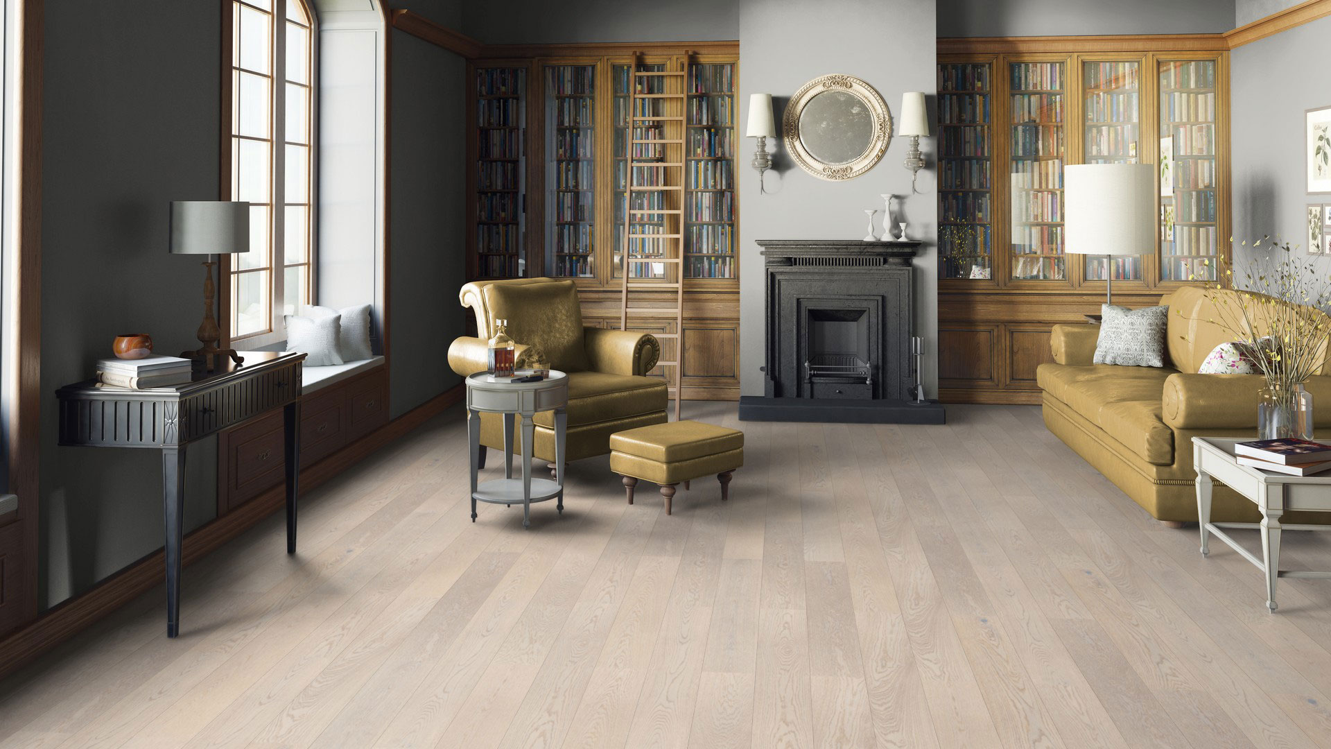 Паркетная доска Tarkett Bolero Plank Oak Risling однополосная светлая в классическом интерьере домашней библиотеки с камином и кожаной мебелью.