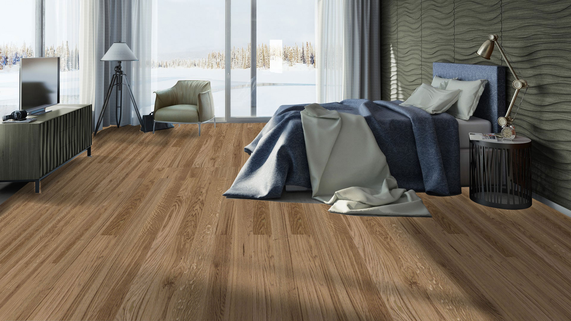 Паркетная доска Tarkett Rumba Oak Copper трехполосная в интерьере спальни с синей кроватью, креслом у панорамного окна и тумбой с настольной лампой.