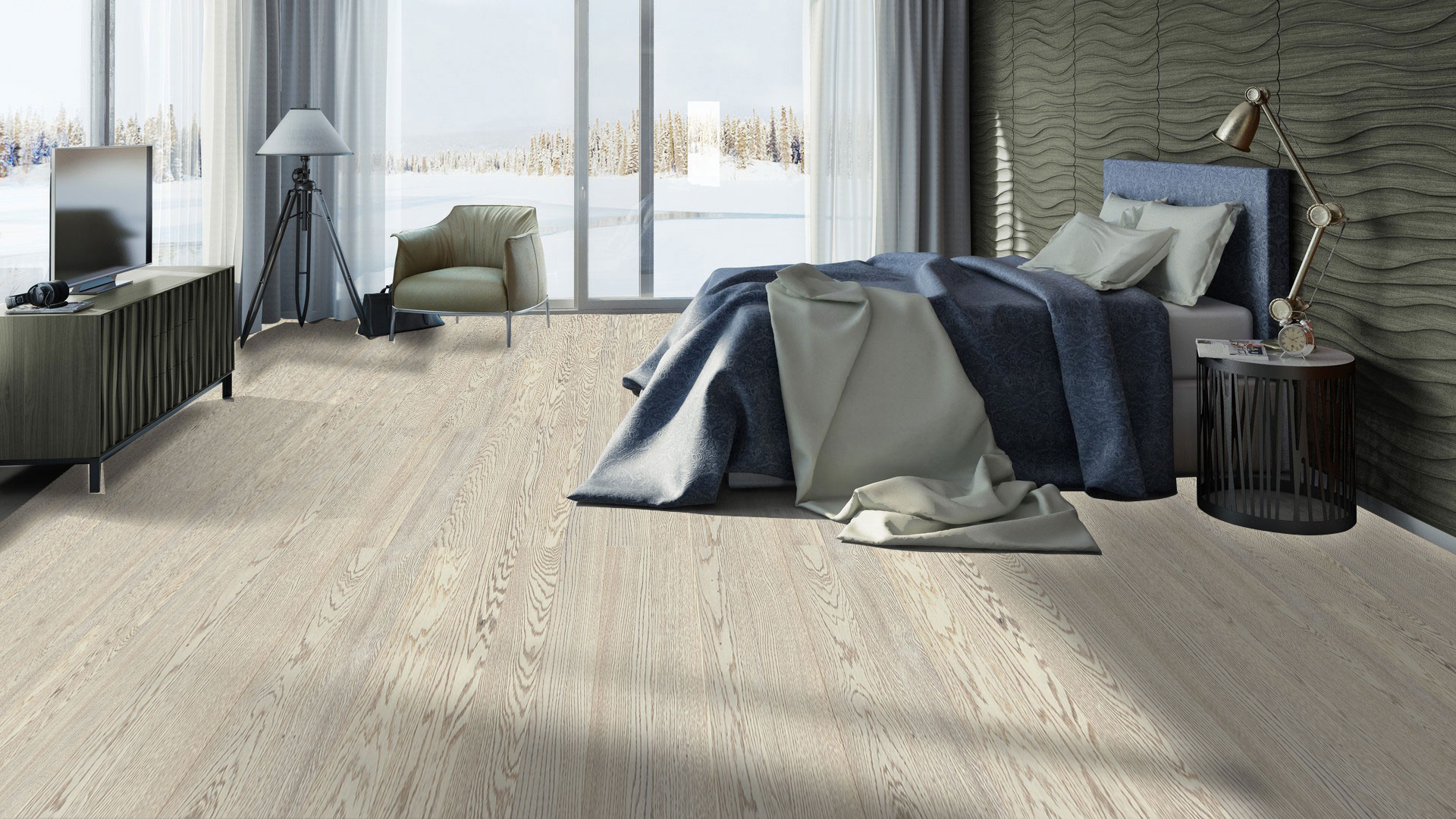 Паркетная доска Tarkett Rumba Oak Iceberg трехполосная в интерьере спальни с синей кроватью, креслом у панорамного окна и тумбой с настольной лампой.