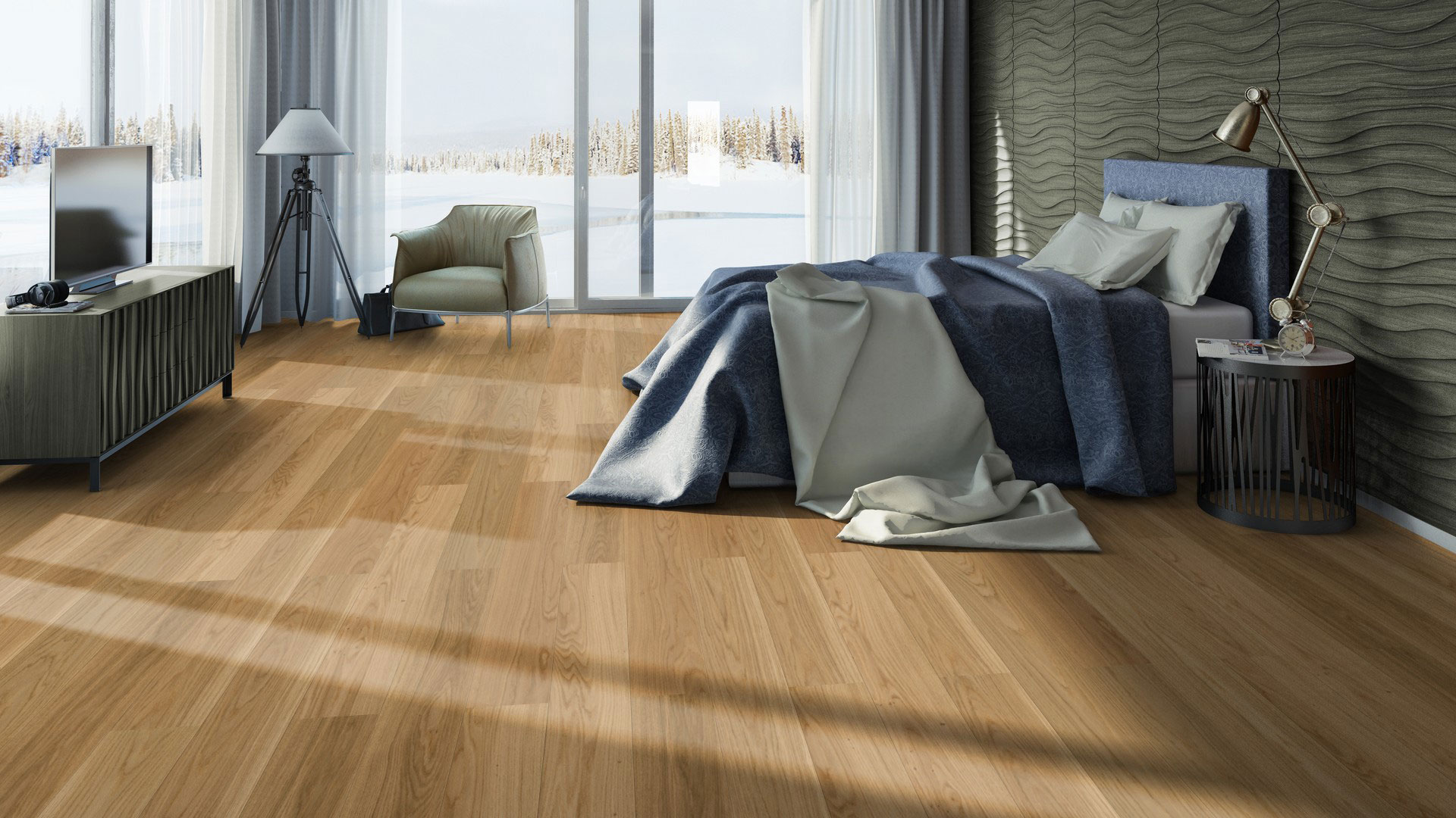 Натуральная паркетная доска Tarkett Step Oak Baron медового оттенка формирует теплую атмосферу в уютной спальной зоне с панорамными окнами.