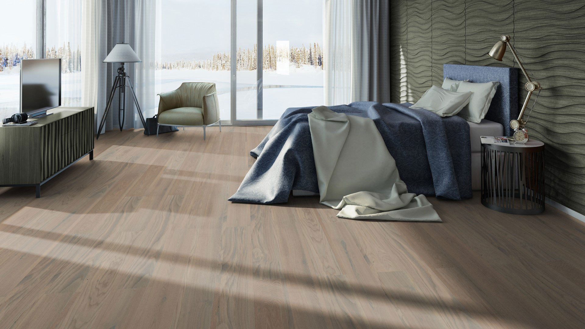 Паркетная доска Tarkett Step Oak Royal Grey изысканного кофейно-серого тона элегантно дополняет современный дизайн спальни с панорамными окнами.