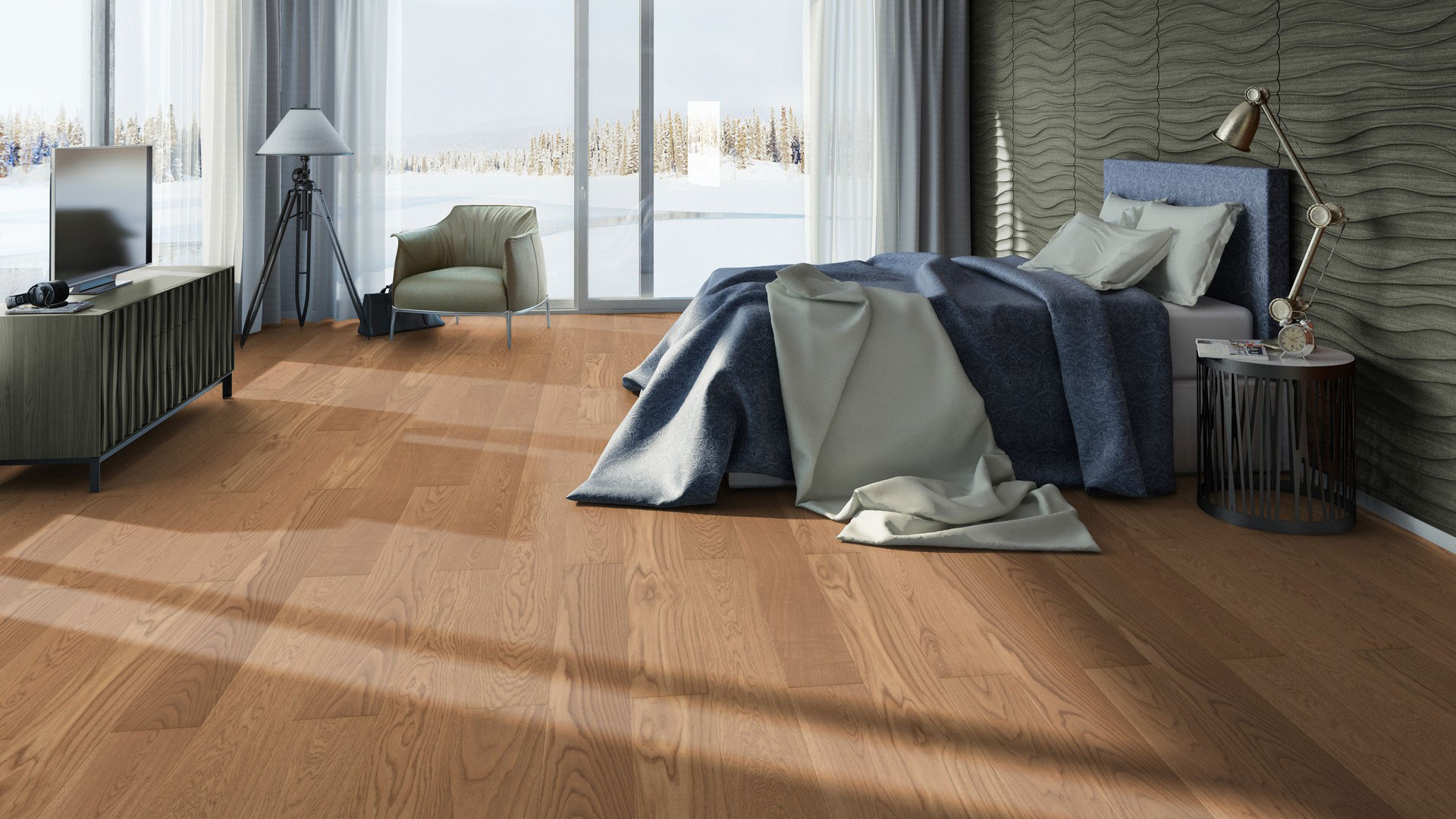 Натуральный паркет Tarkett Tango Classic Oak Copper в теплом медном цвете наполняет уютом спальню с панорамными окнами и видом на зимний сад.