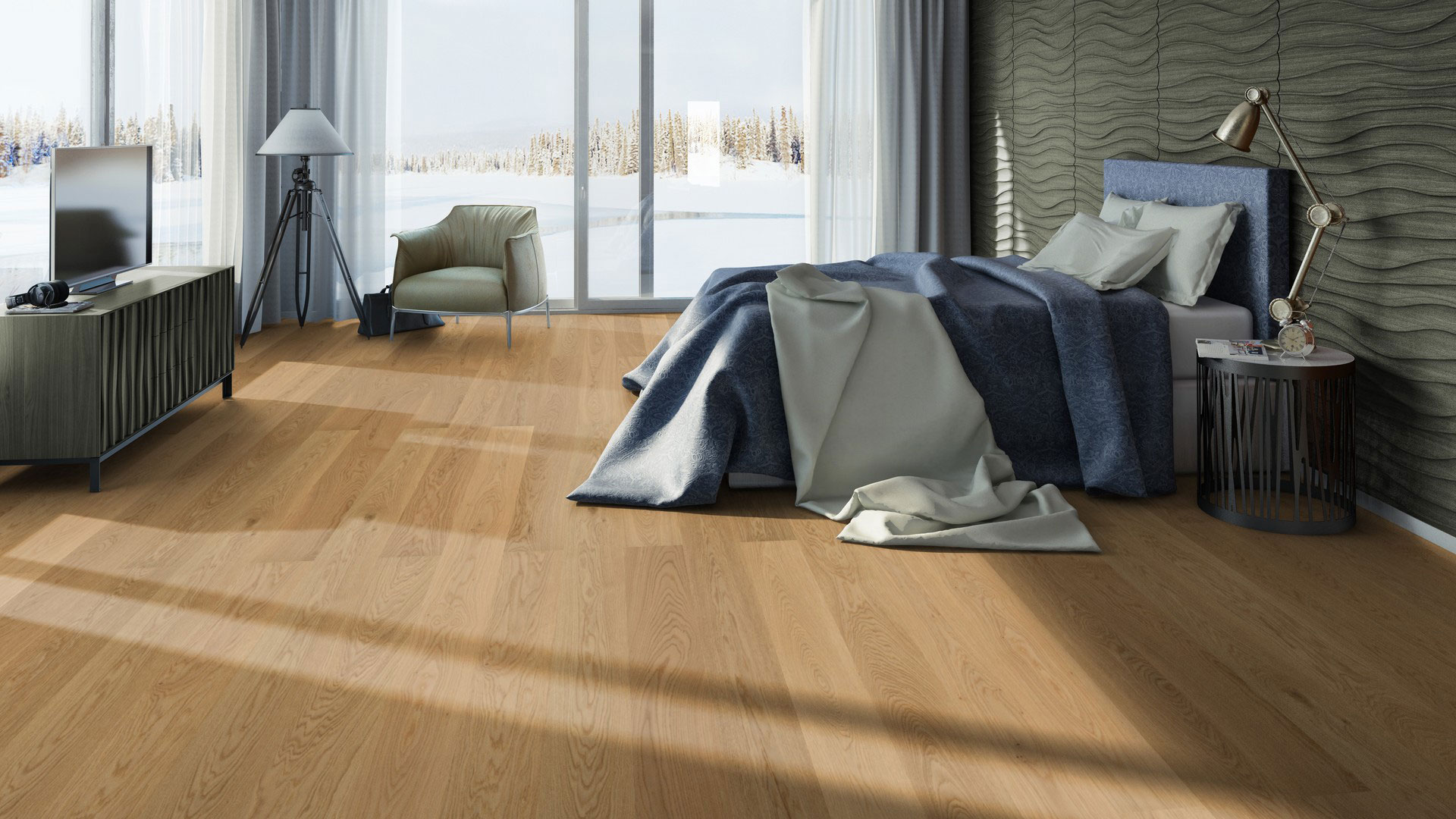 Однополосная паркетная доска Tarkett Tango Oak Savanna Premium в золотисто-бежевом тоне преображает спальню с панорамным видом на зимний сад.
