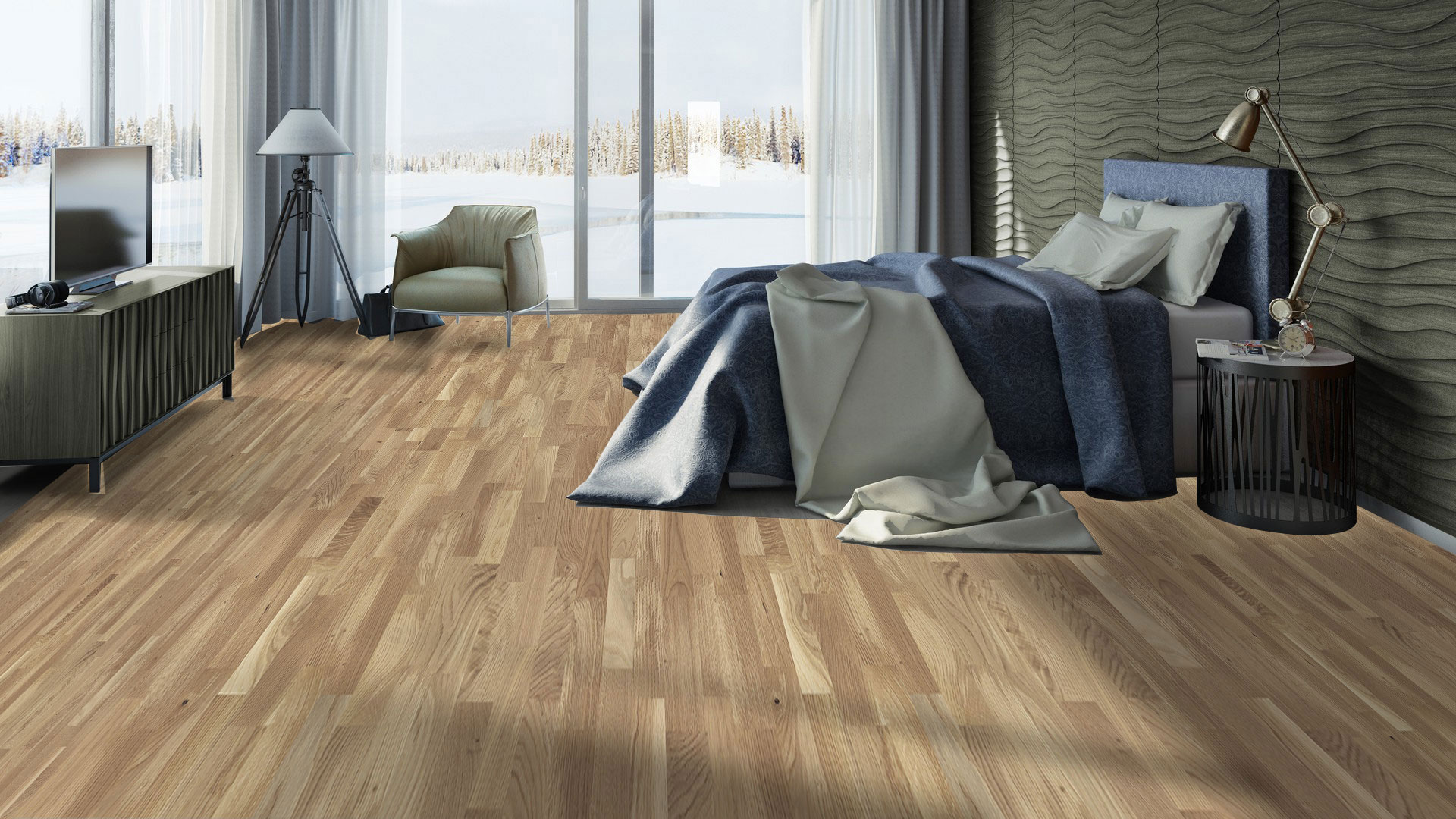 Натуральный трехполосный паркет Europarket Oak Fusion золотисто-бежевого цвета делает уютным интерьер спальни с панорамными окнами.