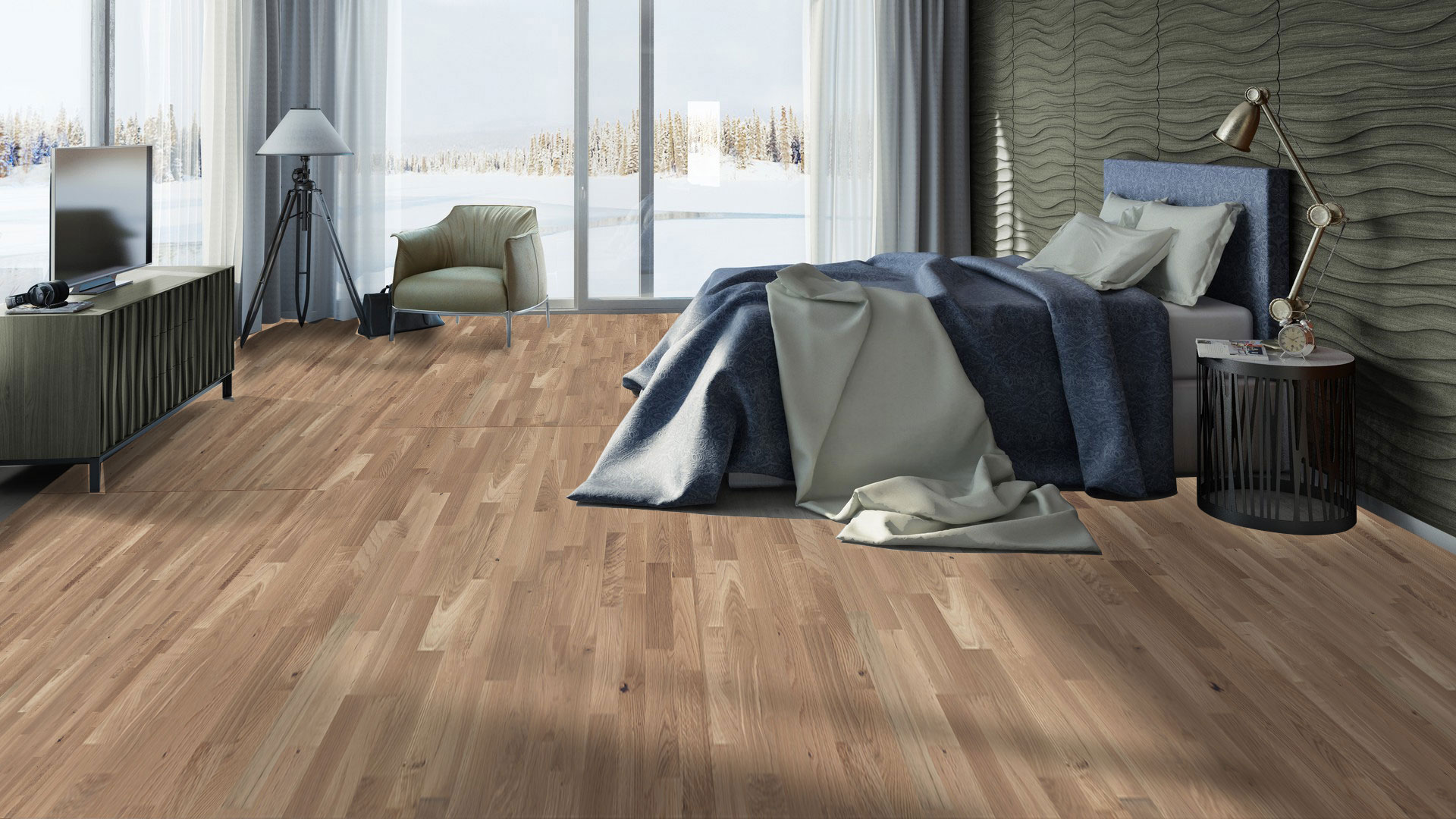 Натуральный паркет Europarket Oak Soft Beige в мягком бежевом цвете придает ощущение домашнего уюта светлой спальне с панорамными окнами.