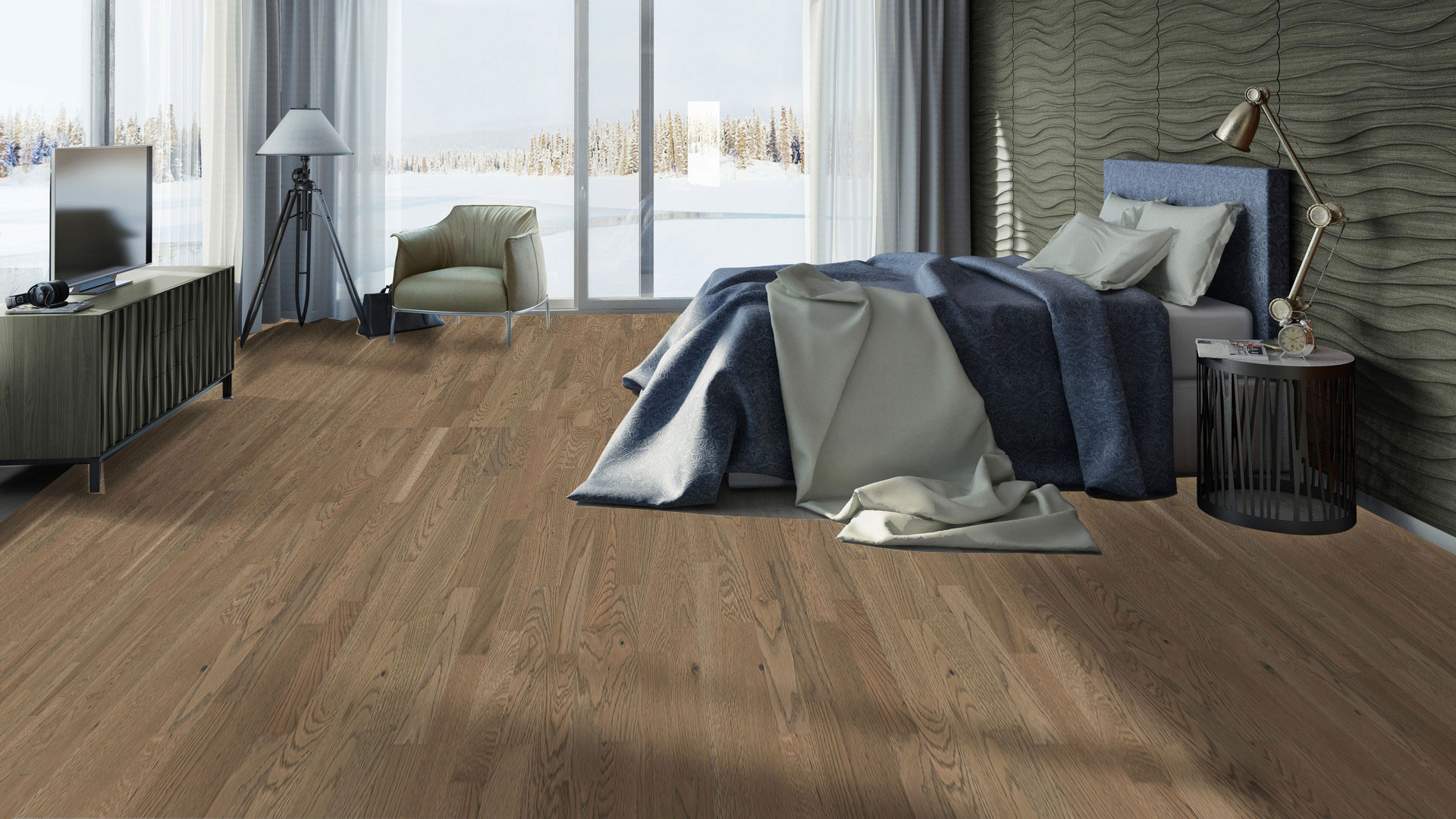 Паркетная доска Tarkett Salsa Oak Sienna трехполосная в интерьере спальной зоны с синей кроватью и мягким креслом у панорамного окна.