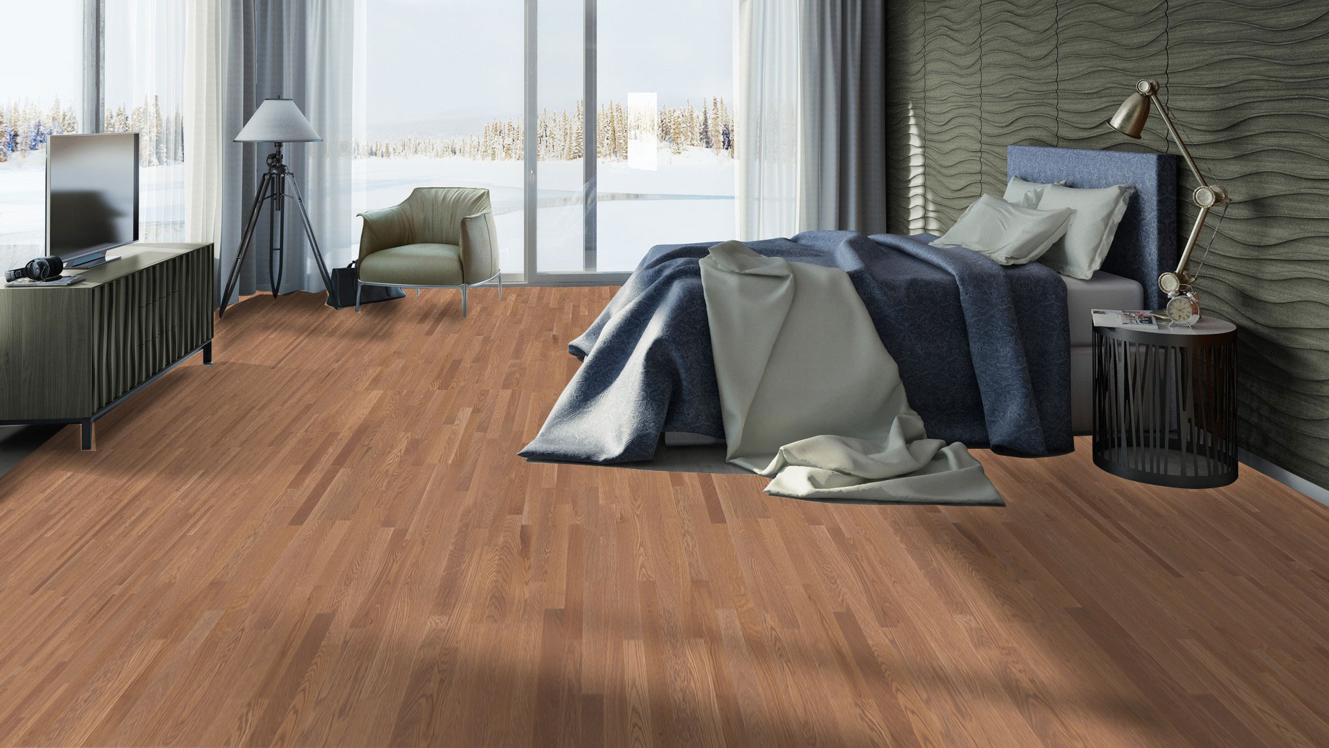 Трехполосный паркет Tarkett Salsa Premium Oak Alexandrite в насыщенном коньячном тоне уложен в спальне с видом на заснеженный пейзаж.