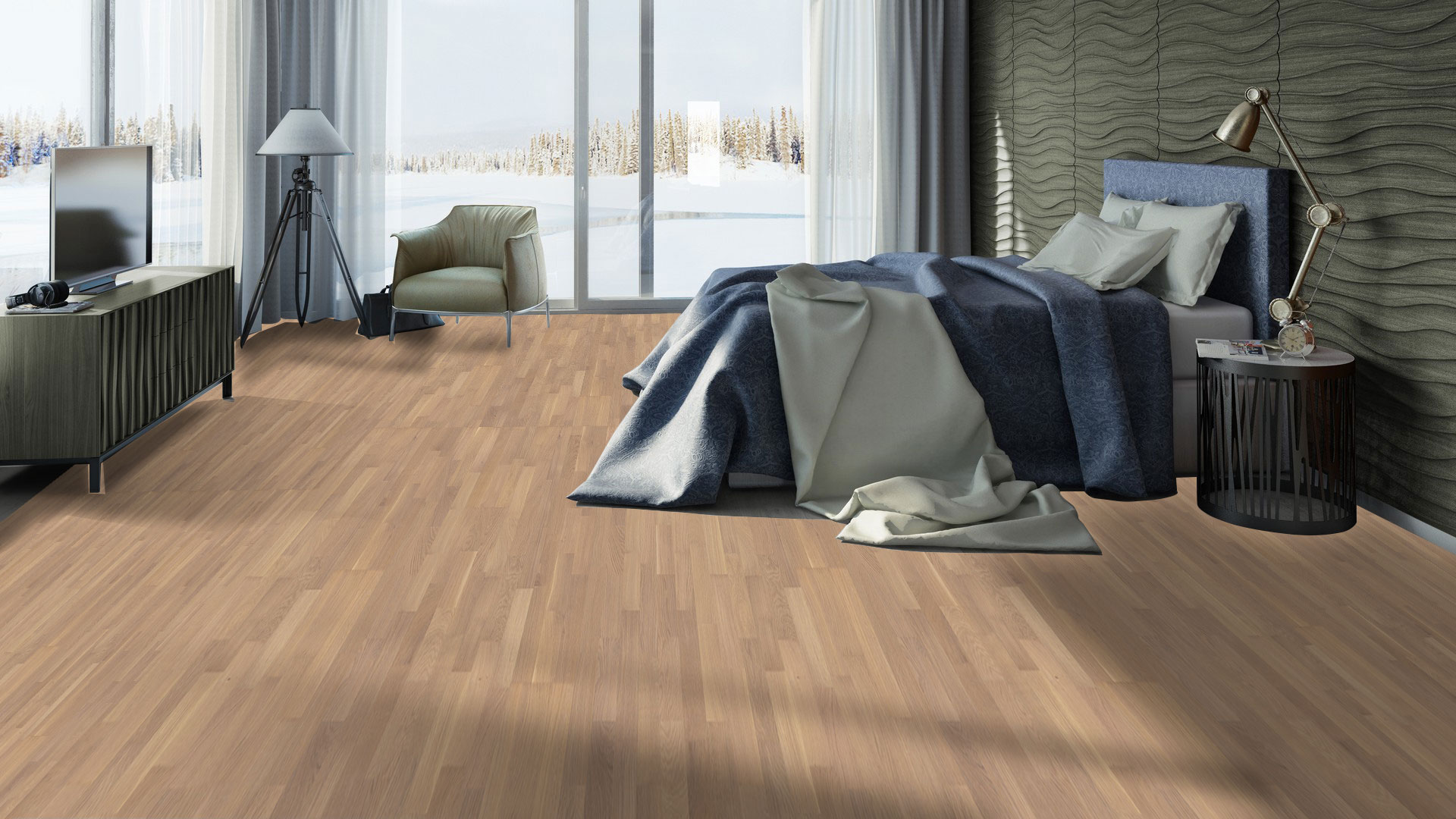 Трёхполосный паркет Tarkett Salsa Premium Oak Sapphire в мягком карамельном цвете гармонично дополняет интерьер спальни с большой кроватью.