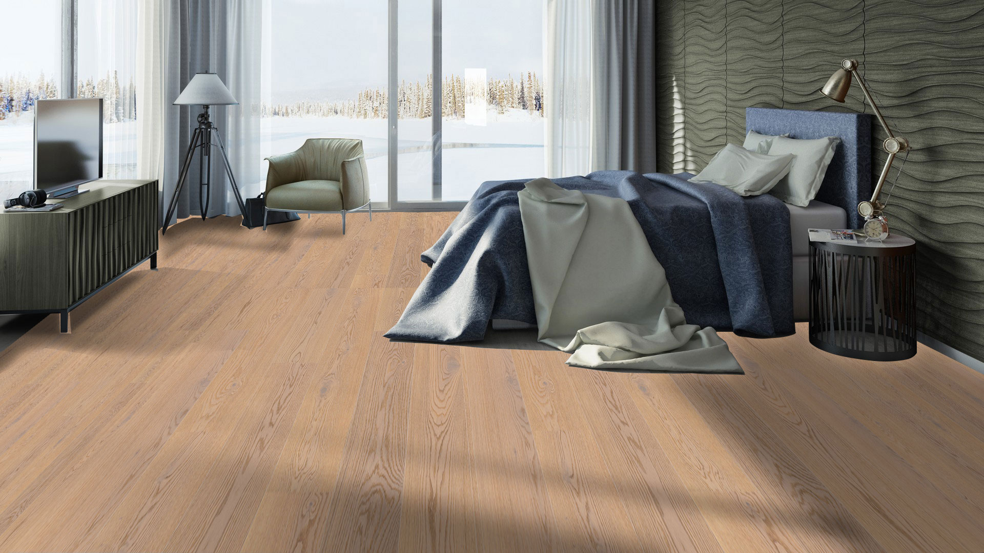 Трехполосный паркет Tarkett Step Oak Baron Sand New в песочно-бежевом дизайне формирует лаконичную и уютную атмосферу в интерьере спальни.
