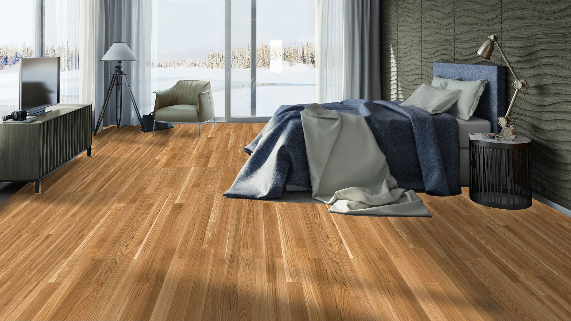 Натуральное многополосное покрытие Tarkett Timber Oak Wave золотистого оттенка наполняет уютом спальню с панорамным видом на зимний пейзаж.