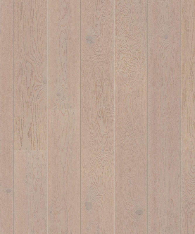Макроснимок доски Tarkett Tango Oak Modern Grey детально передает изящный древесный рисунок однополосного дуба в утонченном серо-розовом цвете.