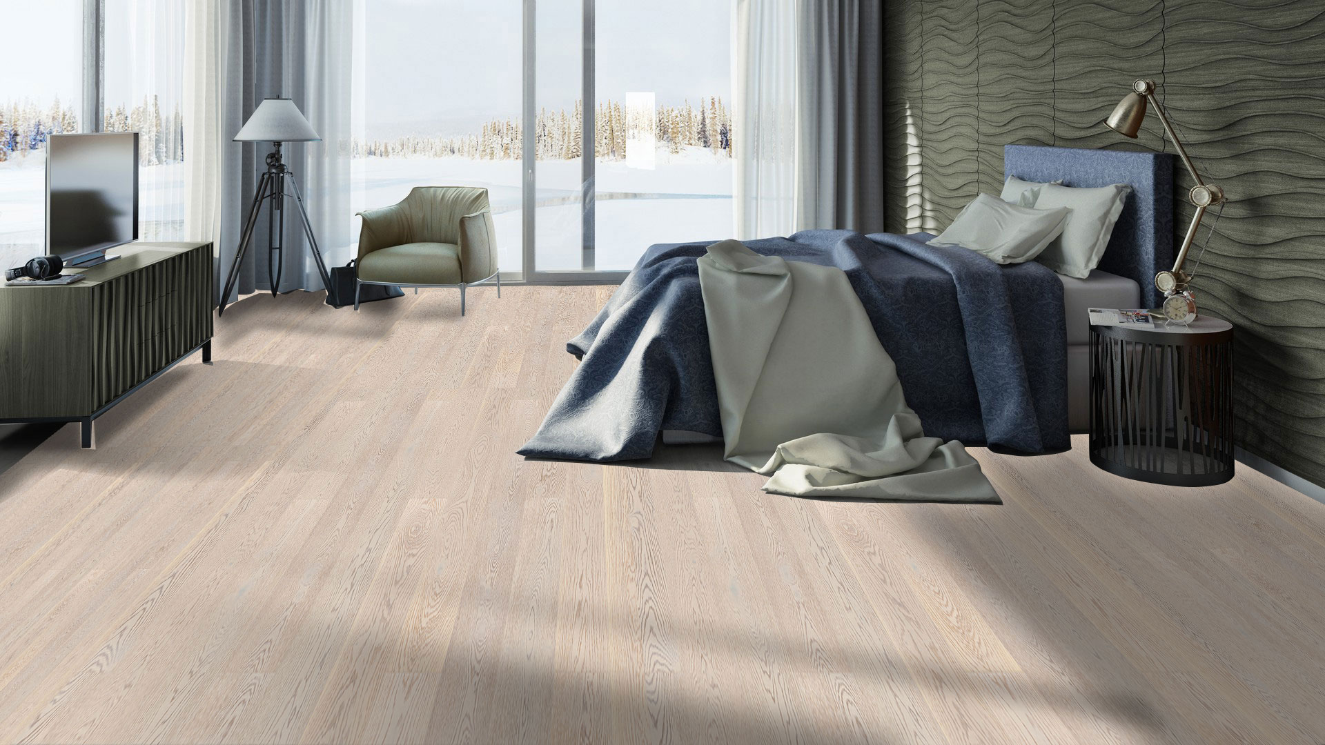 Белый однополосный паркет Tarkett Tango Oak White Opal делает более просторным и воздушным интерьер спальни с панорамным остеклением.