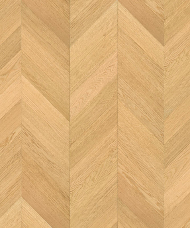 Близкий ракурс паркета французской елочкой Tarkett Privilege Galoni Oak демонстрирует безупречную геометрию и натуральный золотистый узор дуба.