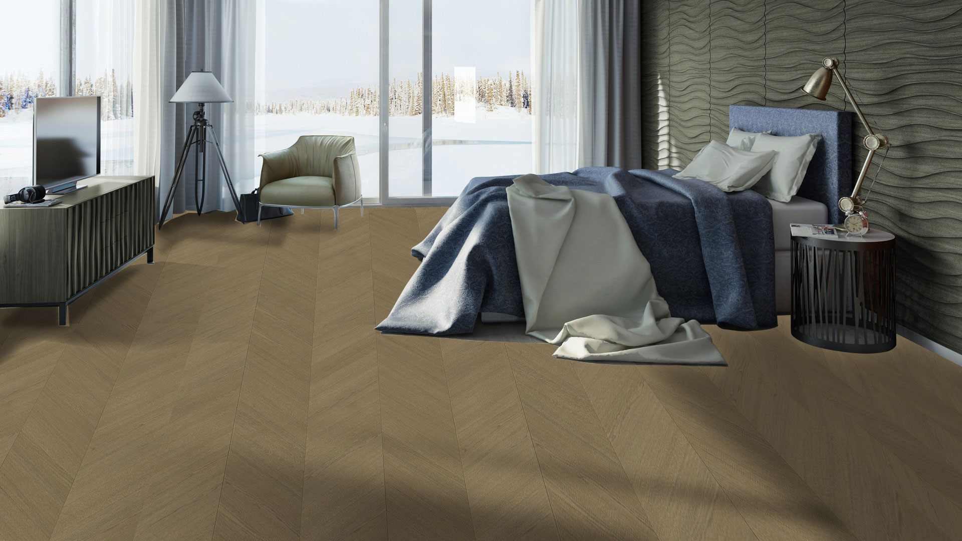 Паркет французской елочкой Tarkett Privilege Galoni Oak Brown Grey в глубоком коричнево-сером тоне придает спальне благородный и стильный вид.