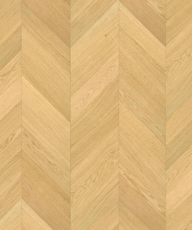 Близкий ракурс паркета французской елочкой Tarkett Privilege Galoni Oak White демонстрирует мягкую текстуру дуба в утонченном белом оттенке.