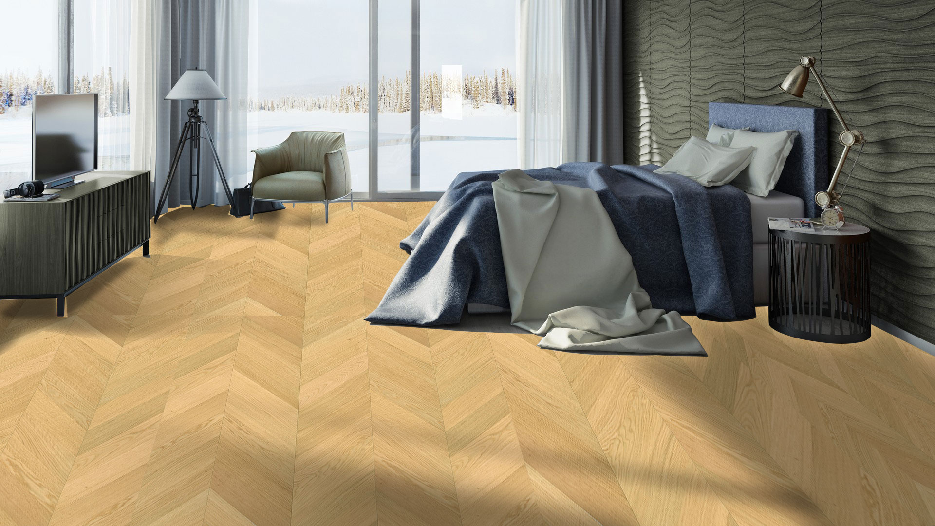 Светлая паркетная доска французской елочкой Tarkett Privilege Galoni Oak White добавляет интерьеру спальни ощущение визуальной легкости и простора.