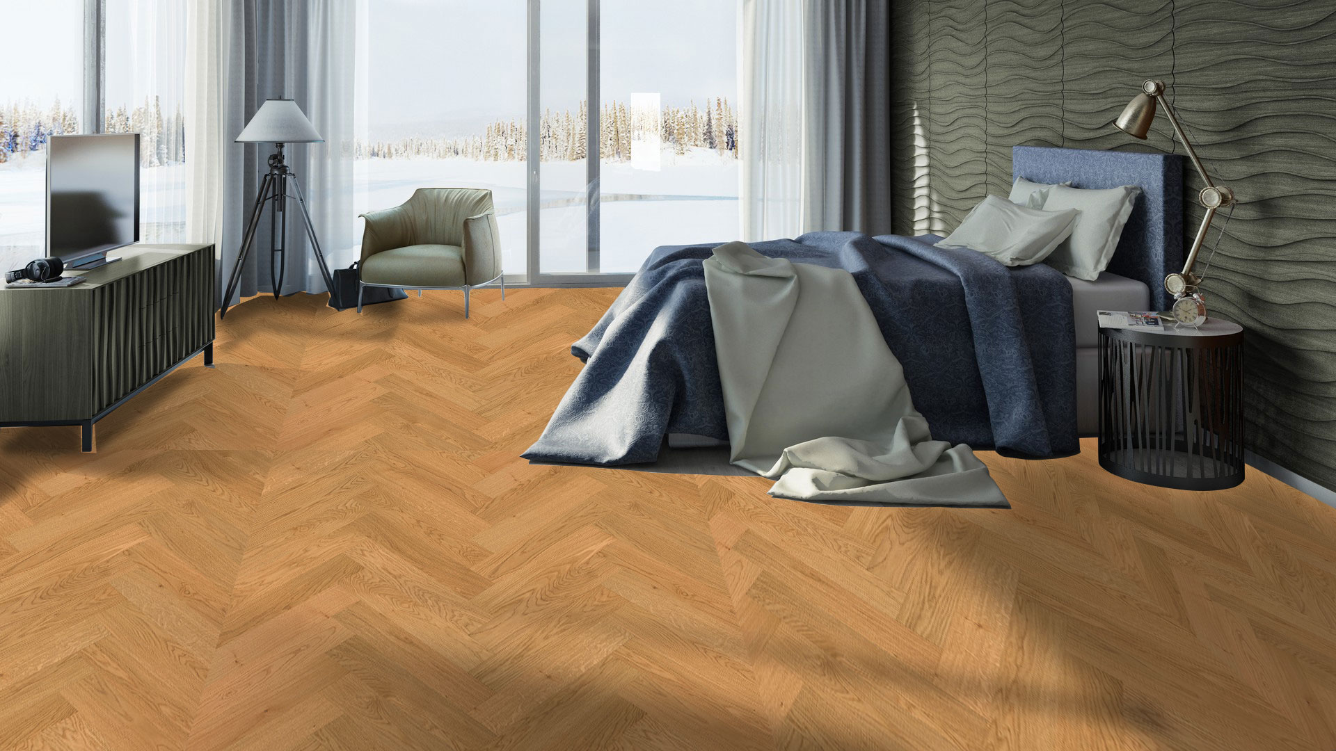 Паркет французской елочкой Tarkett Privilege Prestige Oak Antique в насыщенном медовом тоне придает уют просторной спальне с панорамными окнами.