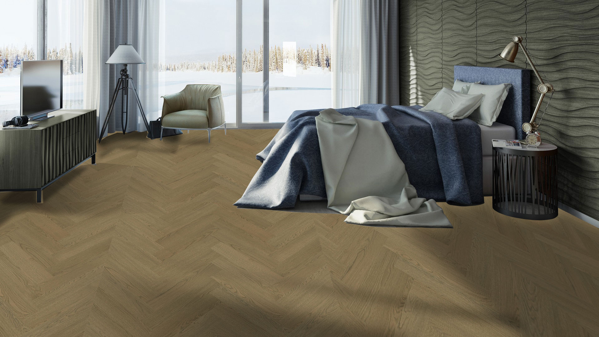 Паркет французской елочкой Tarkett Privilege Prestige Oak Brown Grey в глубоком коричнево-сером тоне придает спальне благородный и стильный вид.