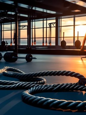 Черное спортивное покрытие Tarkett Omnisports в интерьере фитнес-клуба World Class с тренировочными канатами и штангой на фоне панорамного окна
