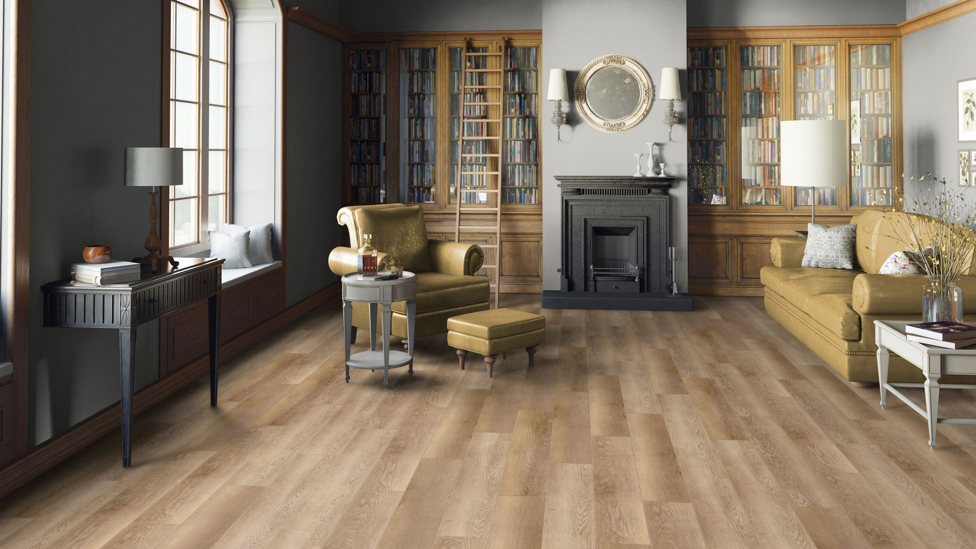 Каменно-полимерная SPC плитка Tarkett Art Vinyl из коллекции Bass House в оттенке Dillon (Диллон) под дерево. Фото влагостойкого кварцвинилового ламината в классическом интерьер домашней библиотеки