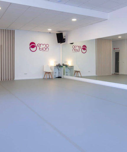Сценический линолеум Harlequin в интерьере студии Emotion Dance Academy. Профессиональное серое танцевальное напольное покрытие Harlequin.