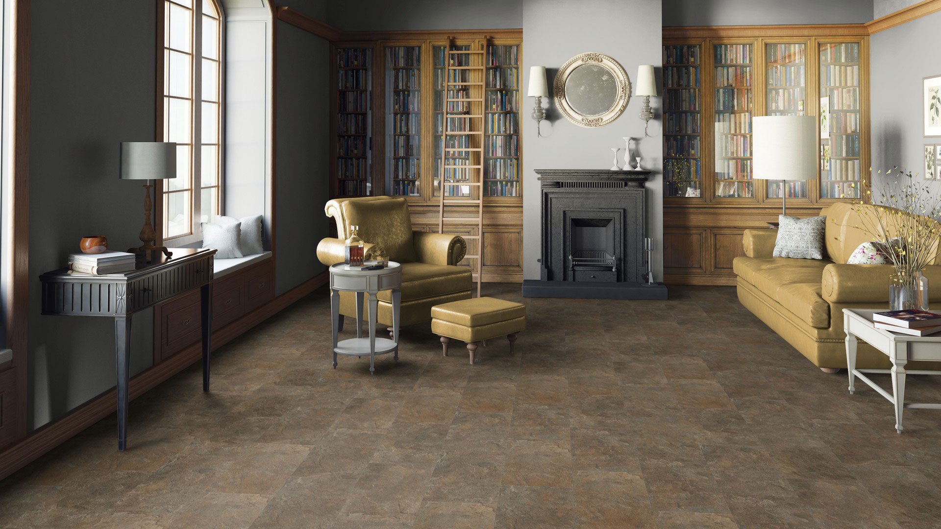 Кварцвинил Quick-Step Egis в классическом интерьере гостиной с камином, кожаной мебелью и встроенными деревянными библиотечными шкафами.