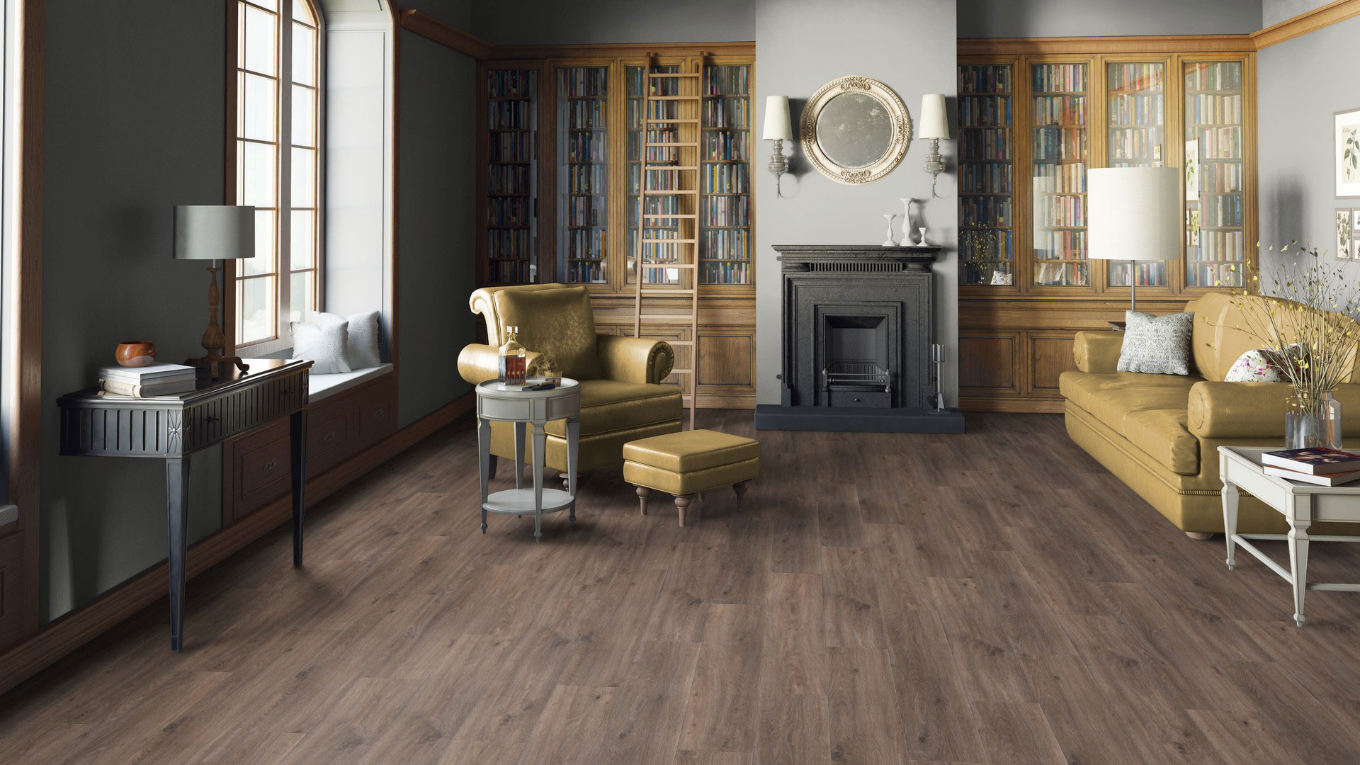SPC-плитка Tarkett Element Click Brownie Oak в классическом интерьере гостиной с камином. Темно-коричневое напольное покрытие под дерево.