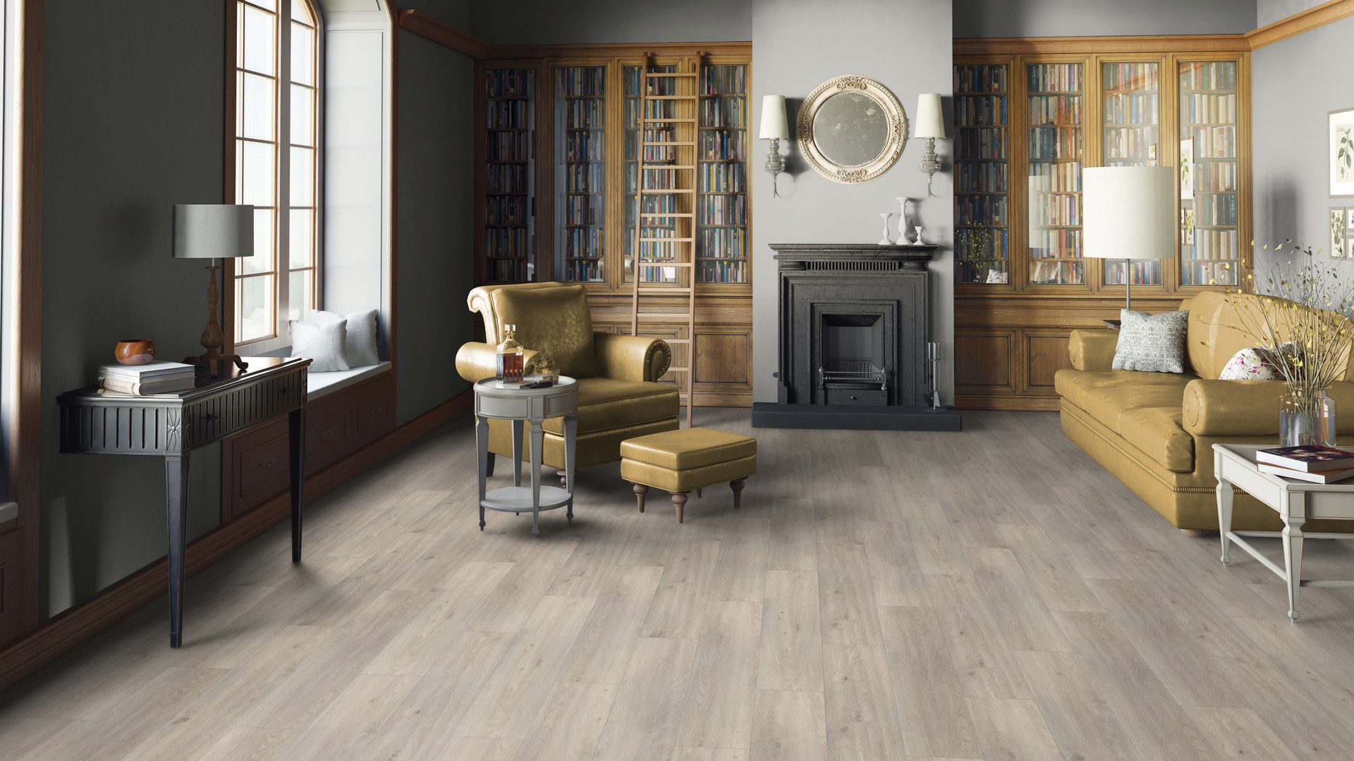 SPC-плитка Tarkett Element Click Dusk Oak в интерьере домашней библиотеки с камином. Серо-бежевое напольное покрытие с текстурой дуба.