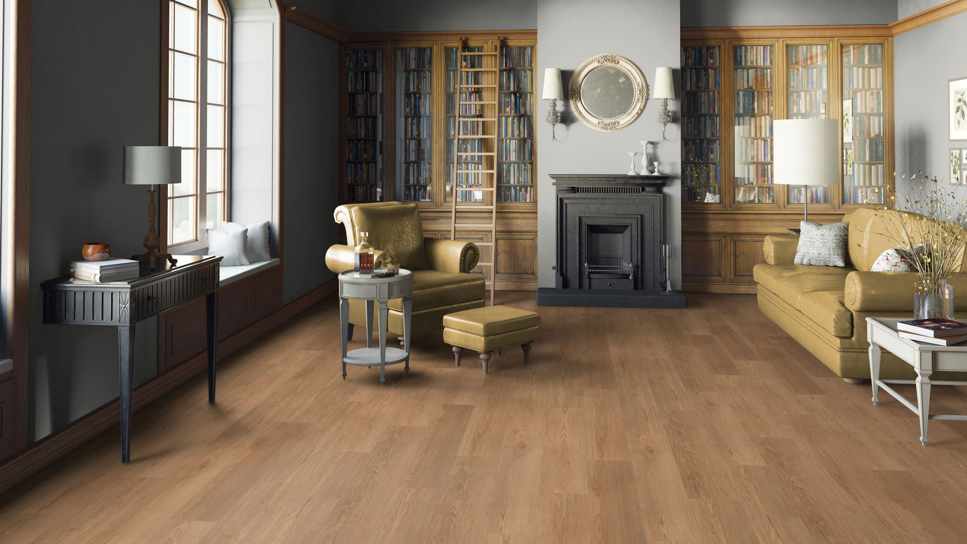 SPC-плитка Tarkett Element Click Latte Oak в классическом интерьере домашней библиотеки с камином. Напольное покрытие теплого оттенка латте под дуб.