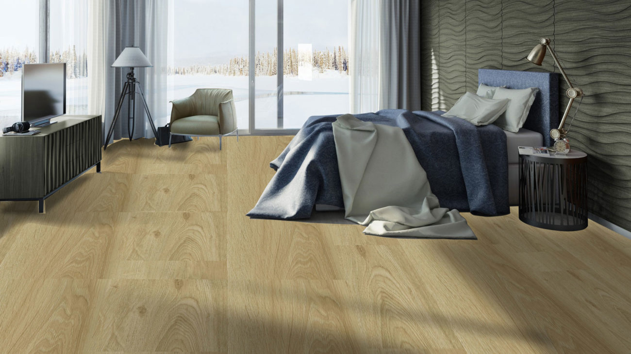 Плитка ПВХ Tarkett Lounge English Oak Classical с текстурой золотистого дуба в современном интерьере спальни с панорамными окнами.