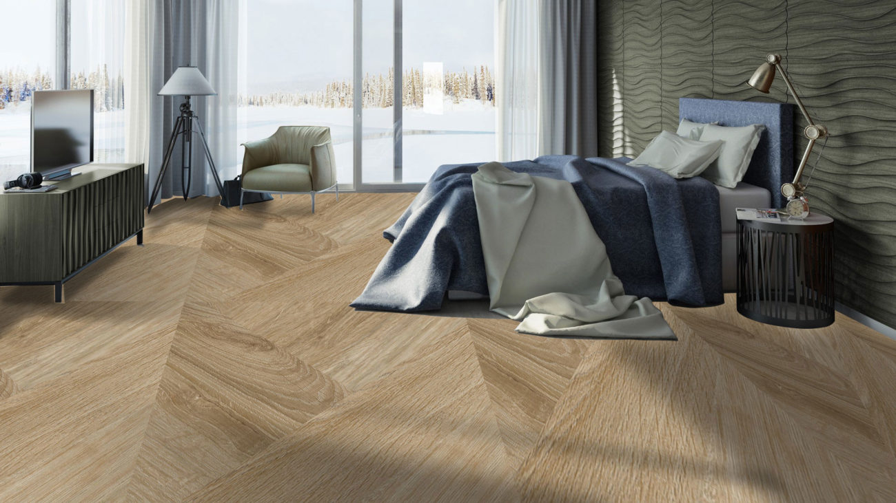 Плитка ПВХ Tarkett Lounge Mini Plank English Oak Warm Gold с текстурой теплого золотистого дуба в современном интерьере спальни.