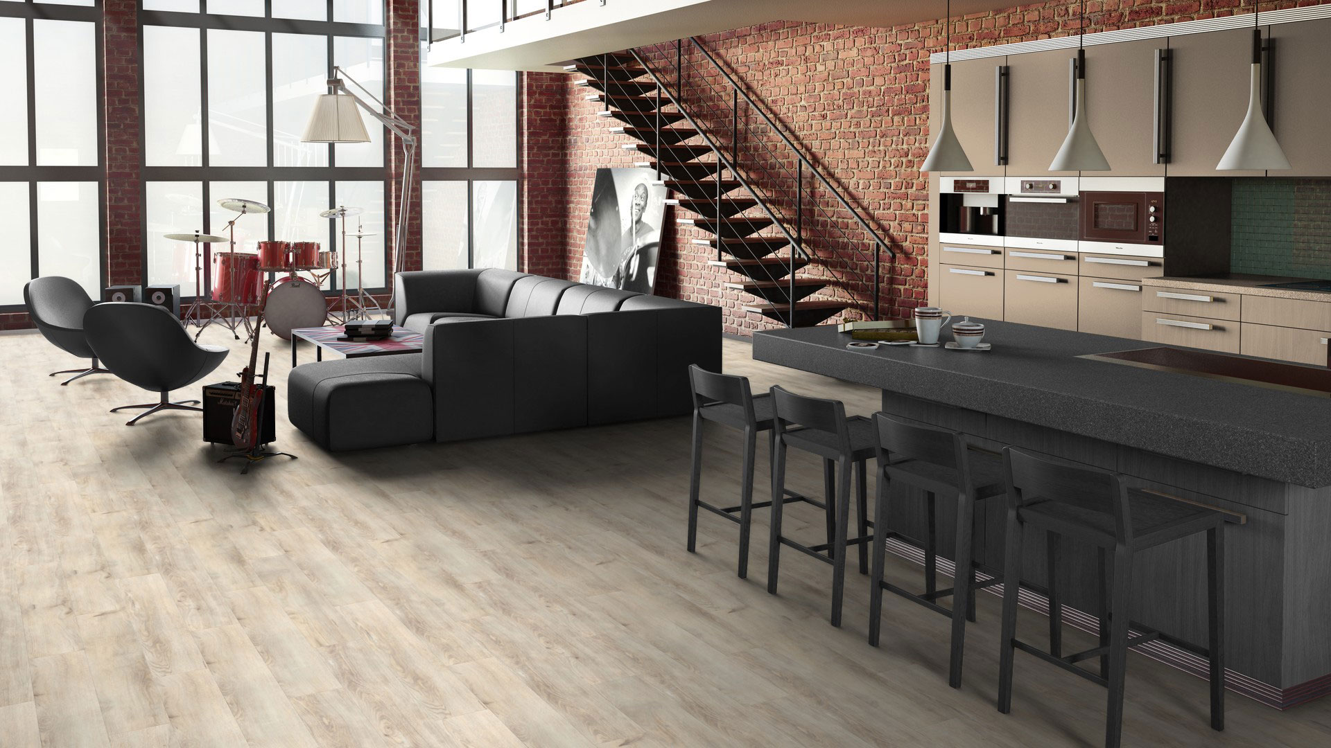 SPC плитка Tarkett Art Vinyl Prime Click Birch Grey под дерево. Фото светлого кварцвинилового ламината в современном интерьере кухни-гостиной лофт.