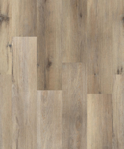 SPC-ламинат Tarkett Prime Click Amber Beige рустикального бежевого оттенка. Текстура напольного покрытия с выразительными сучками дуба крупным планом.