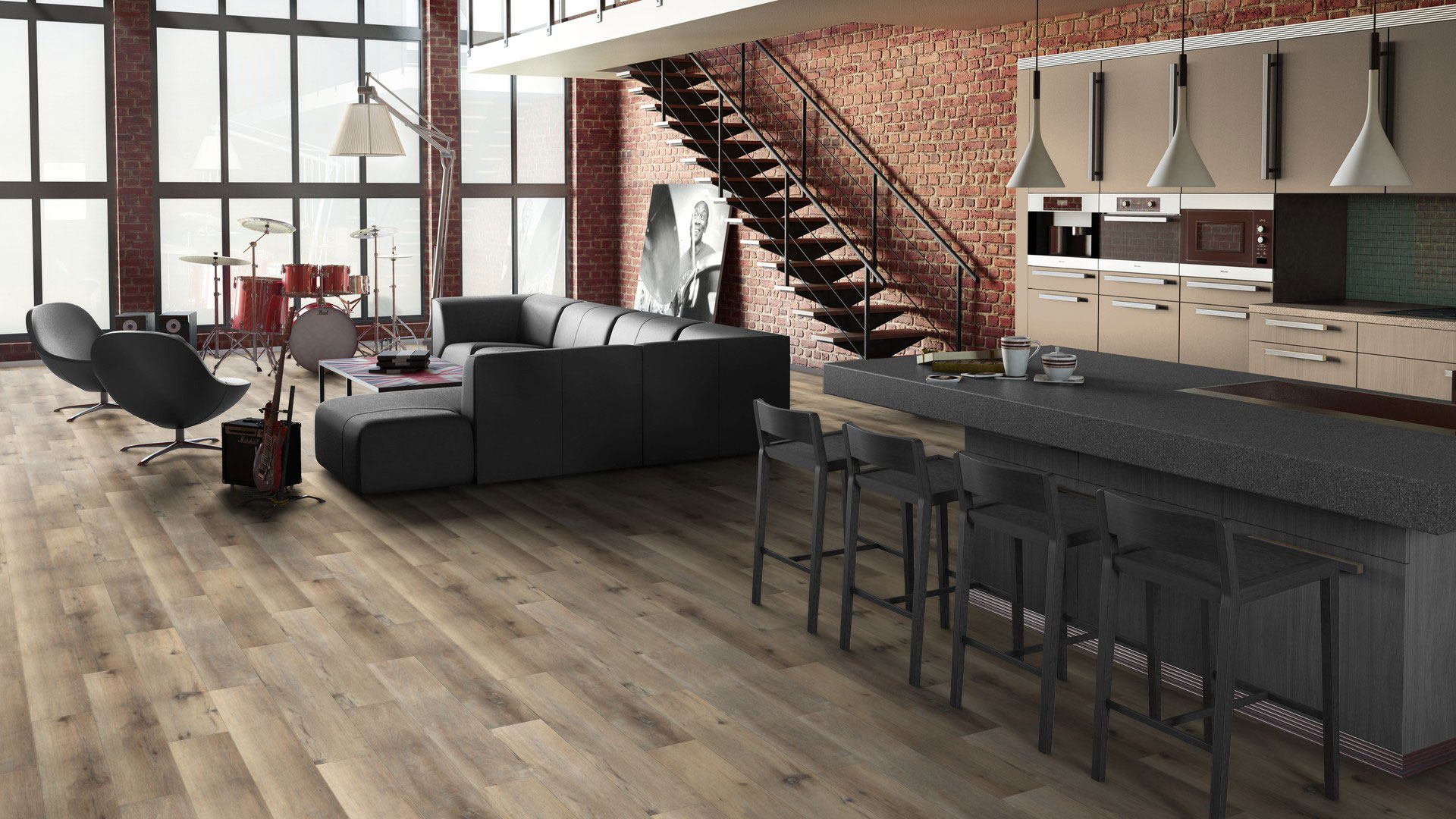 SPC-ламинат Tarkett Prime Click Amber Beige в интерьере двухуровневого лофта. Рустикальное напольное покрытие под дерево в просторной кухне-гостиной.