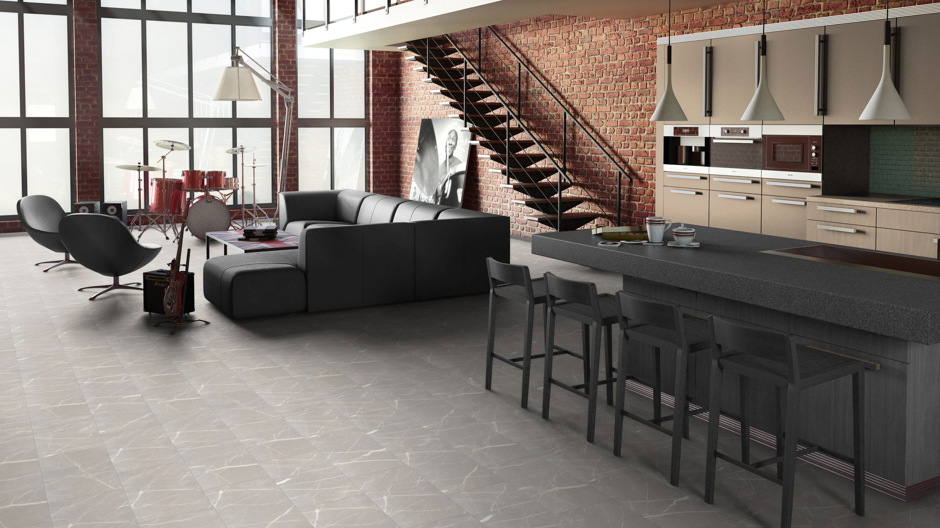 SPC плитка Tarkett Art Vinyl Prime Marble Grey под серый мрамор. Фото кварцвинилового ламината в современном интерьере кухни-гостиной лофт.
