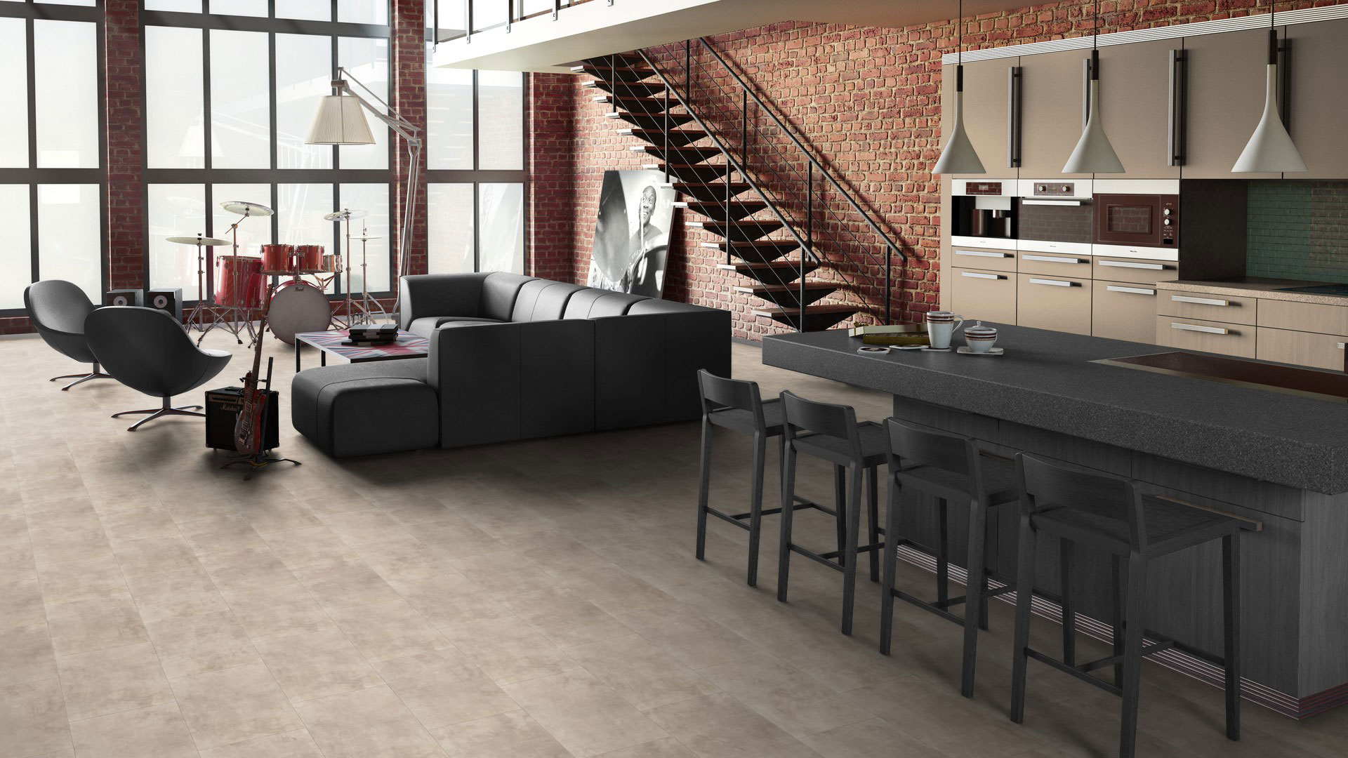 SPC плитка Tarkett Art Vinyl Prime Pale Beige под камень. Фото светлого кварцвинилового ламината в современном интерьере кухни-гостиной лофт.