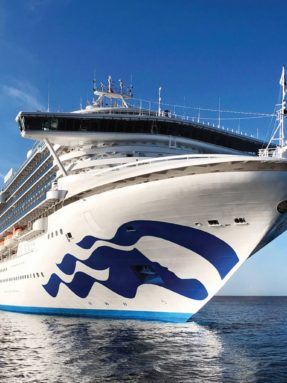 Профессиональное танцевальное покрытие Harlequin Marine на палубе белоснежного круизного лайнера Princess Cruises на фоне синего моря.